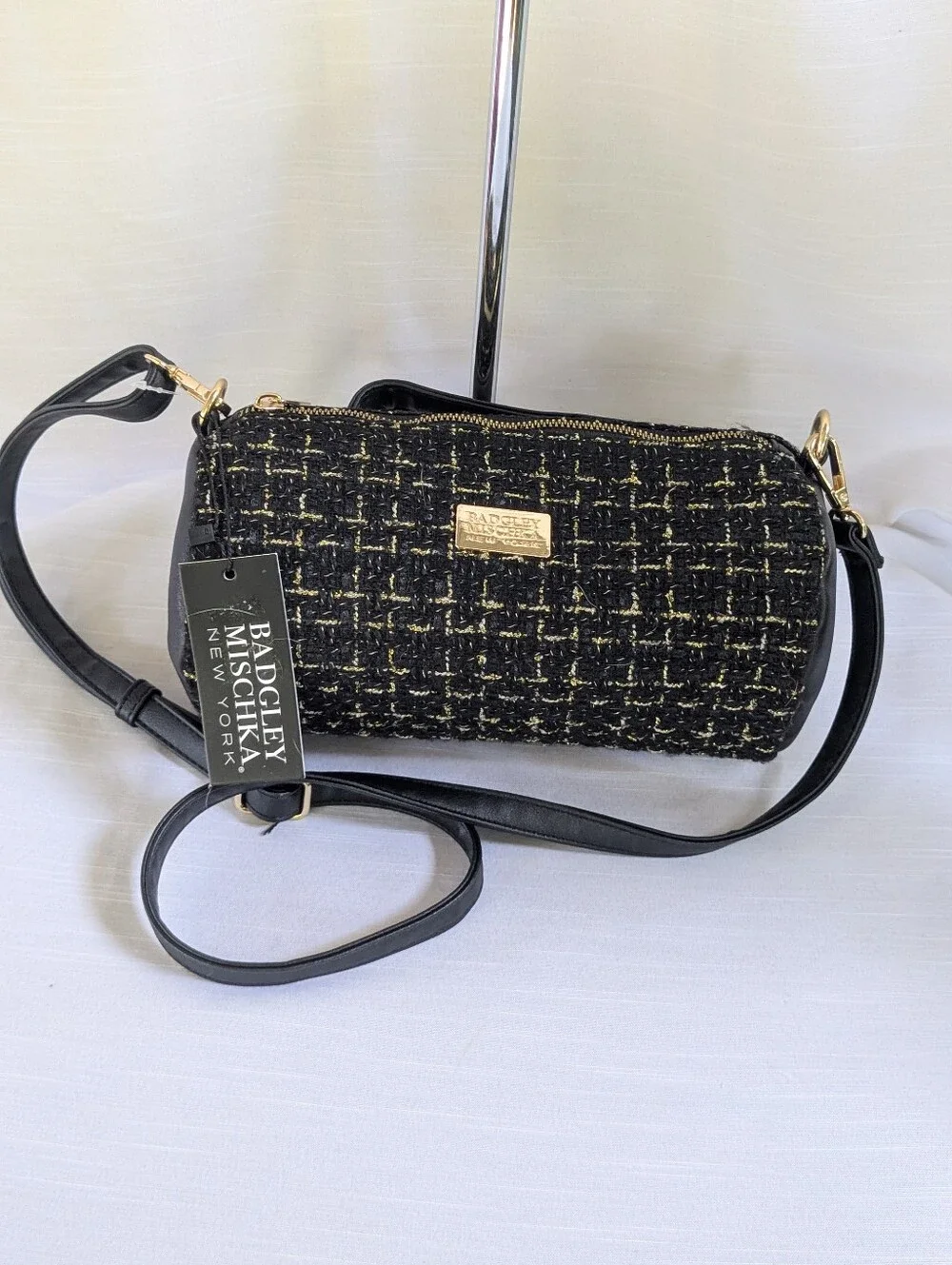 Badgley Mischka Black Tweed Crossbody with Gold Accents Nwt
